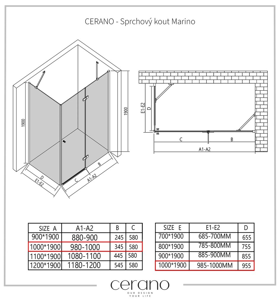 Cerano Marino, sprchovací kút 100(dvere) x 100(stena) x 190 cm, 6mm číre sklo, chrómový profil, CER-CER-422781