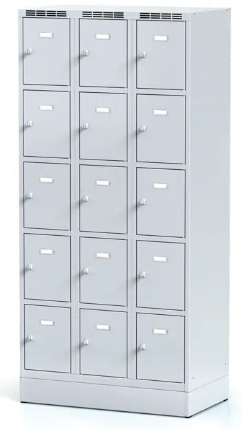 Alfa 3 Šatníková skrinka S6 na sokli s úložnými boxami, 15 boxov, 1920 x 900 x 500 mm, otočný zámok, sivé dvere