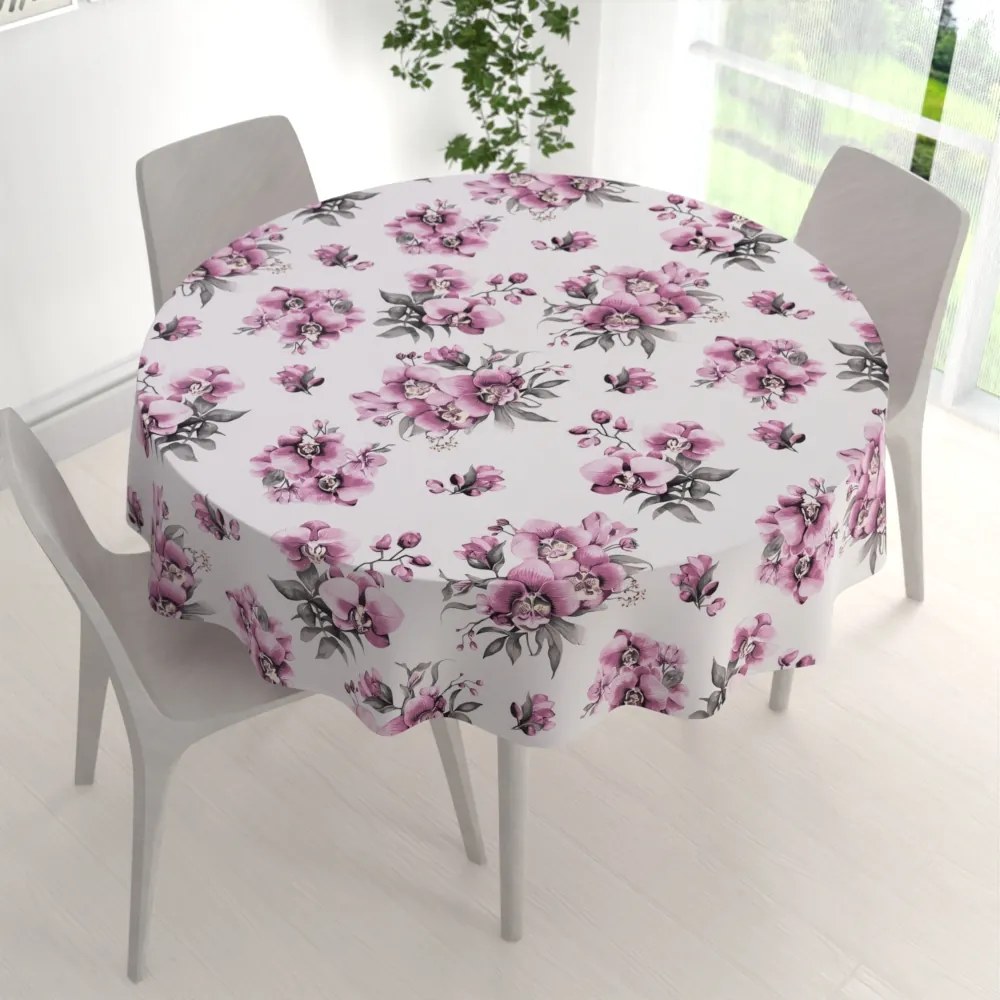 Biante Bavlnený okrúhly obrus Sandra SA-623 Lila orchidey na bielom Ø 140 cm