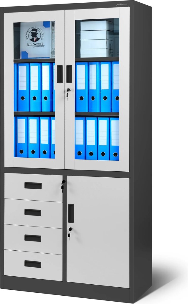 Kovová spisová skriňa s vitrínou a zásuvkami WIOLA, 900 x 1850 x 400 mm, antracitovo-biela