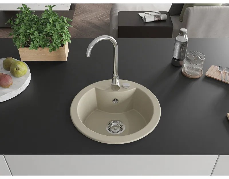 Mexen Diego, 1-komorový granitový drez 488x488x167 mm, chrómový sifón, chrómová batéria Telma, béžová, 6512-69-670200-00