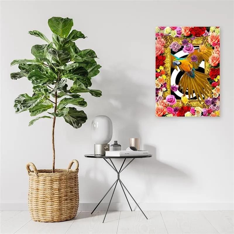 Obraz na plátně, Papoušek Barevné květiny Růže - 80x120 cm