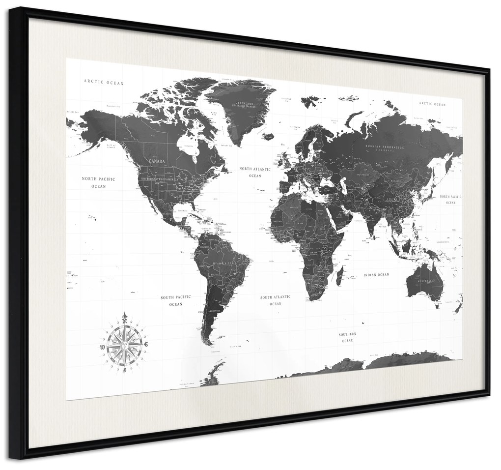 Artgeist Plagát - Monochrome Map [Poster] Veľkosť: 30x20, Verzia: Čierny rám