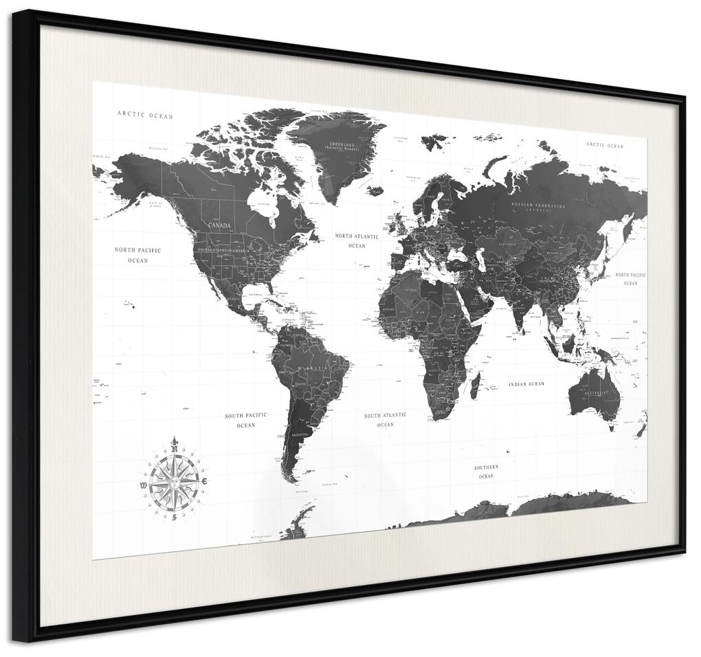 Artgeist Plagát - Monochrome Map [Poster] Veľkosť: 45x30, Verzia: Čierny rám