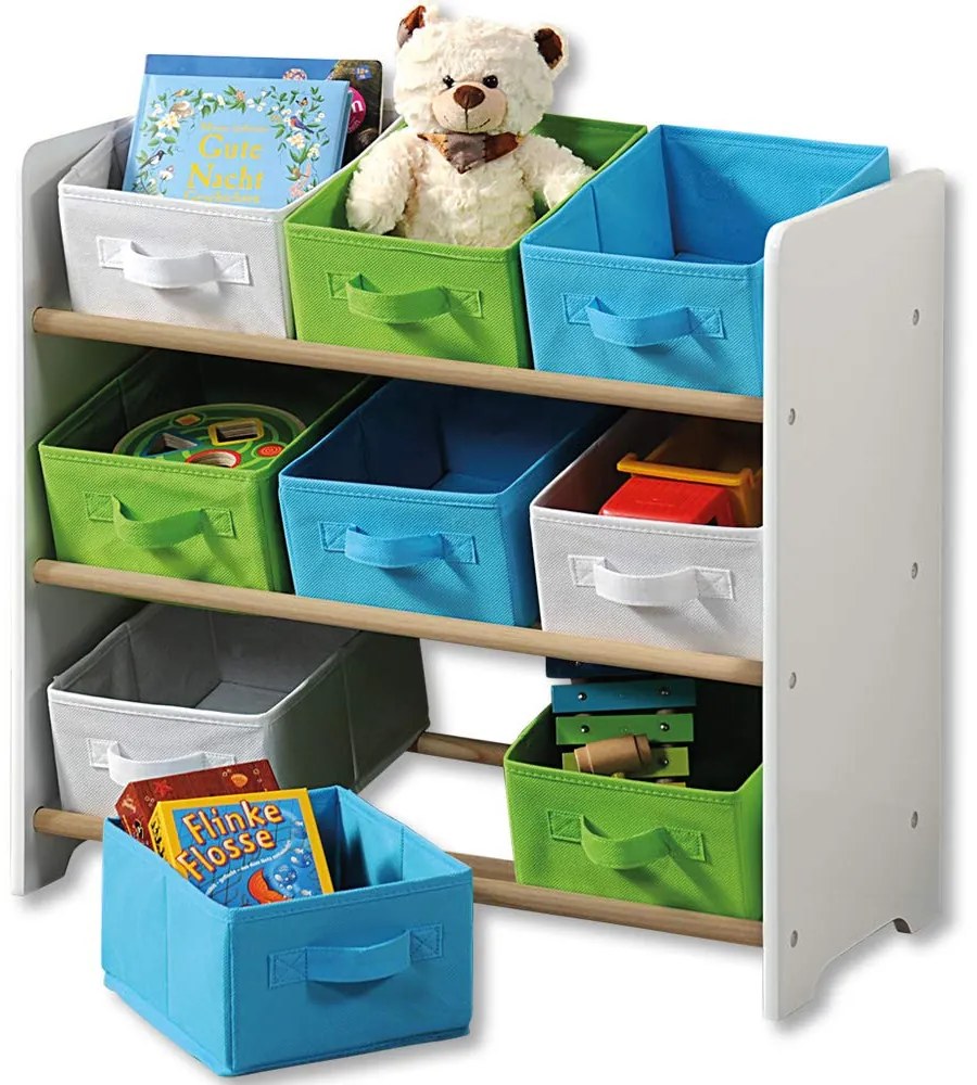 Dětský regál, organizér na hračky s 9 úložnými boxy, modro-zelený