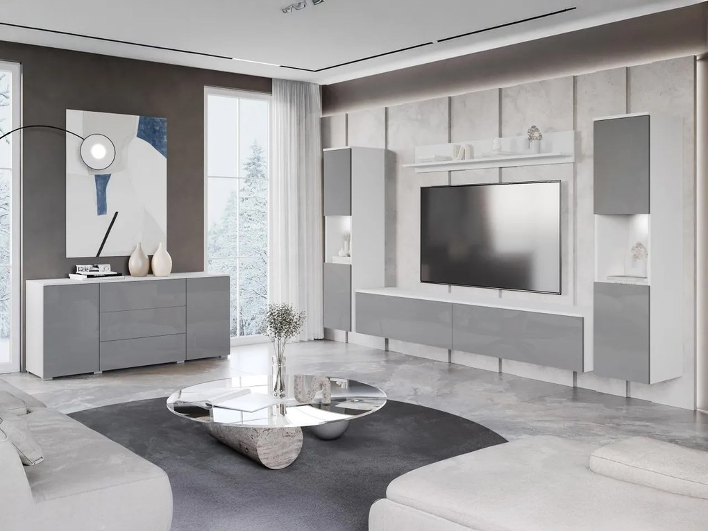 Obývačkový nábytok Bamisio II, Farby: biela / šedý lesk, Osvetlenie: osvetlenie LED biele