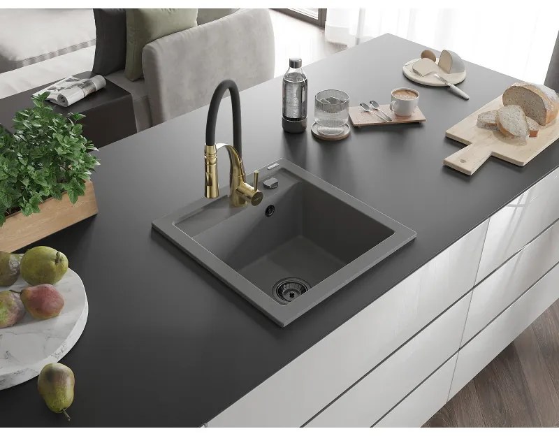 Mexen Vito, 1-komorový granitový drez 490x520x210 mm a drezová batéria Aster, šedá, 6503-71-73450-57-B