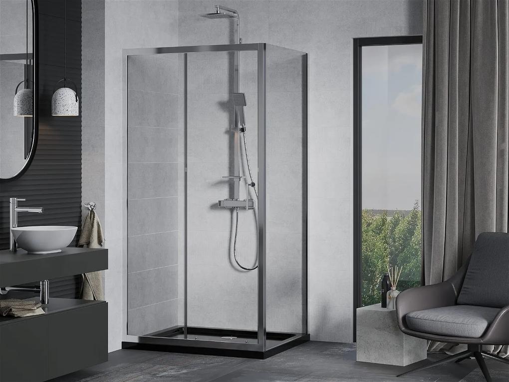 Mexen Apia sprchovací kút s posuvnými dverami 110 (dvere) x 70 (stena) cm, 5mm číre sklo, chrómový profil + čierna sprchová vanička s chrómovým sifónom, 840-110-070-01-00-4070
