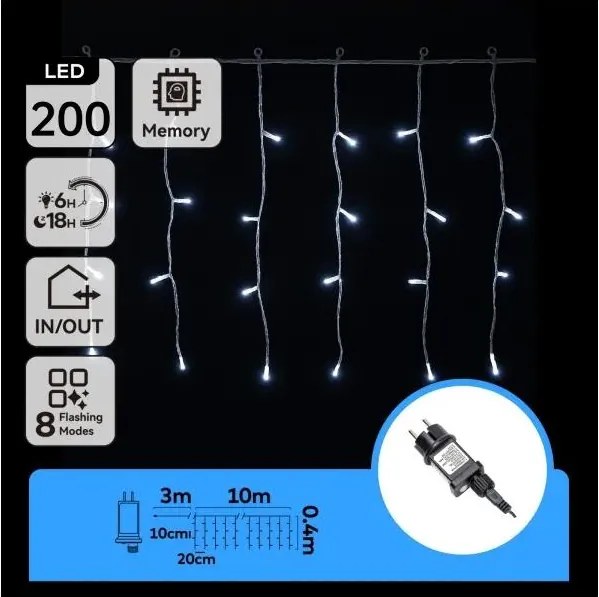 Aigostar - LED vonkajšia vianočná reťaz 200xLED/3,6W/230V/8 funkcií 10x0,4m IP44 studená biela