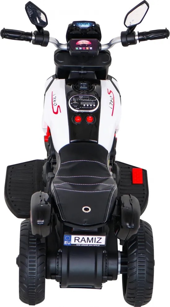 Ramiz Rýchla turistická motorka na batérie pre deti Biela + Audio + Svetlá + Eko koža