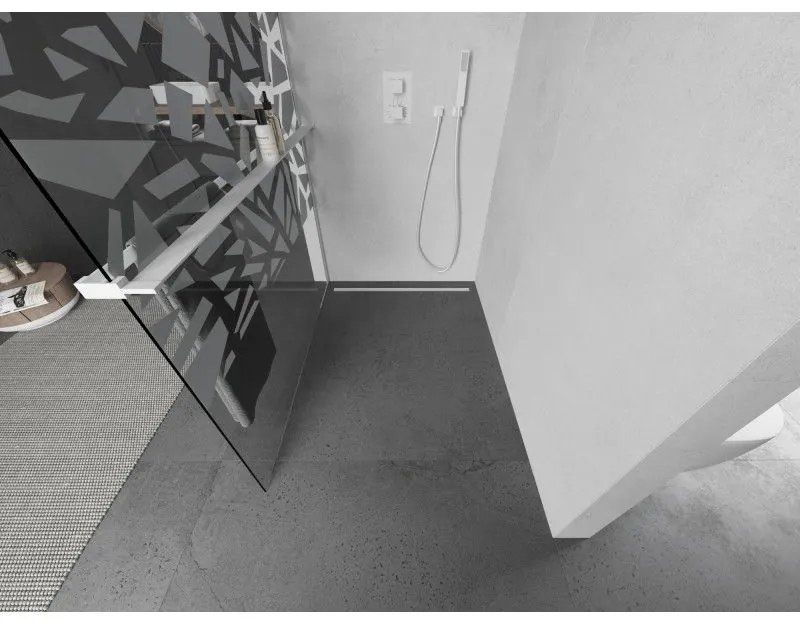 Mexen Kioto+, sprchová zástena Walk-In s poličkou a vešiakom 110 x 200 cm, 8mm číre sklo biely vzor, biely profil, 800-110-121-20-85