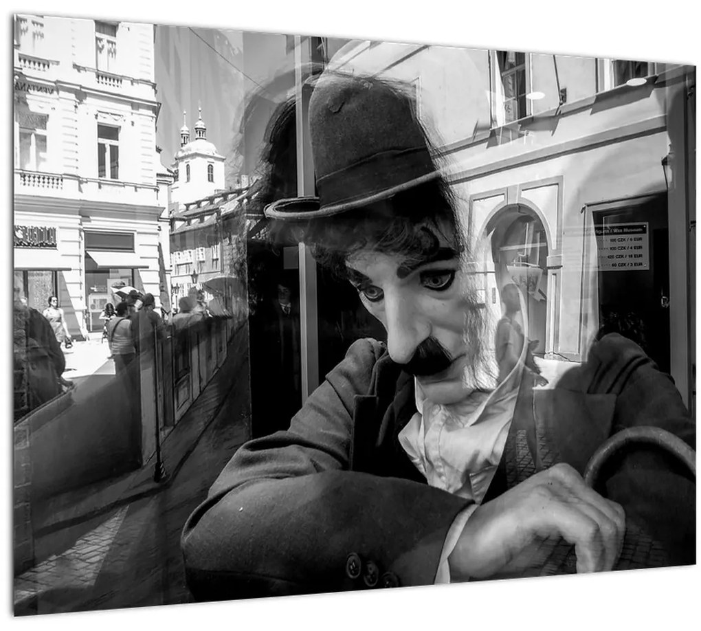 Sklenený obraz - Charles Chaplin v Prahe (70x50 cm)