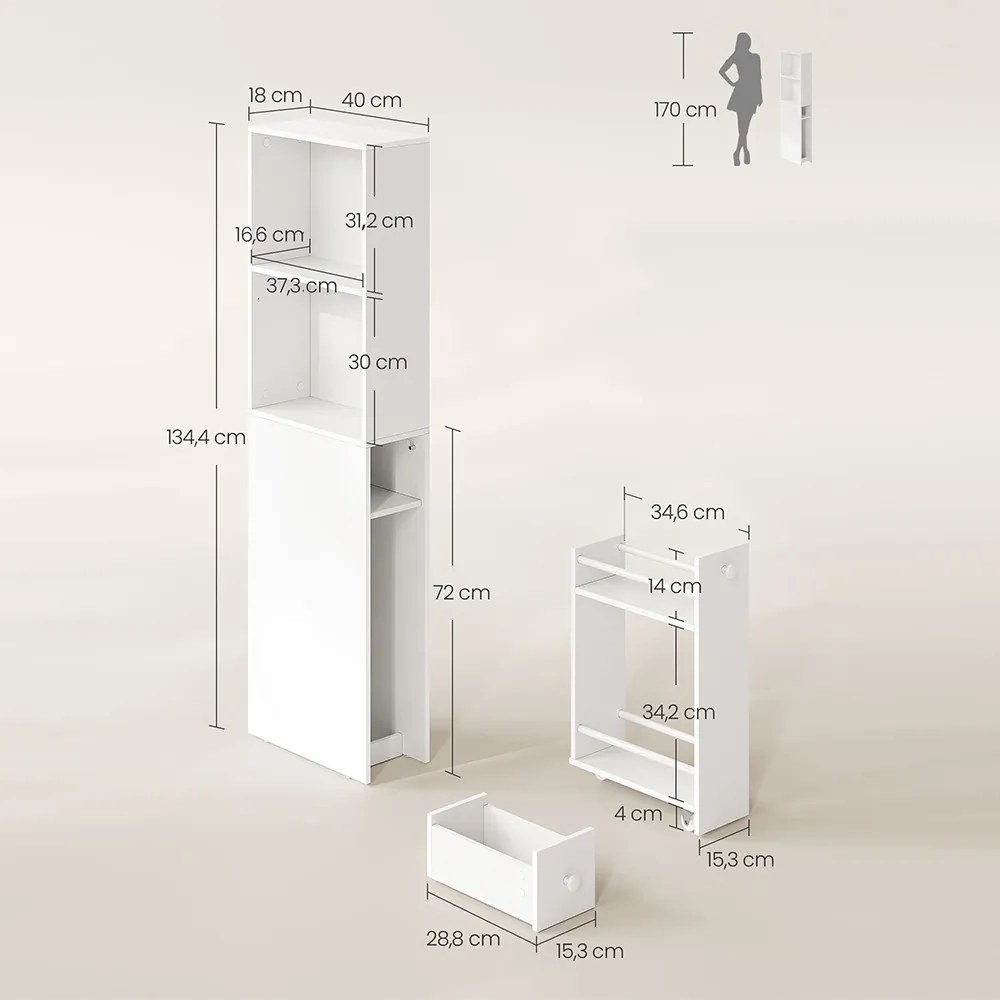 Výsuvná kúpeľňová skrinka s 2 bočnými policami 134.4x40x18 cm