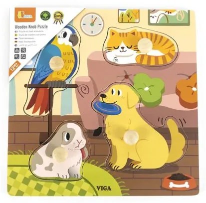 Viga Detské drevené puzzle s úchytmi Viga Domáci miláčikovia 4 ks