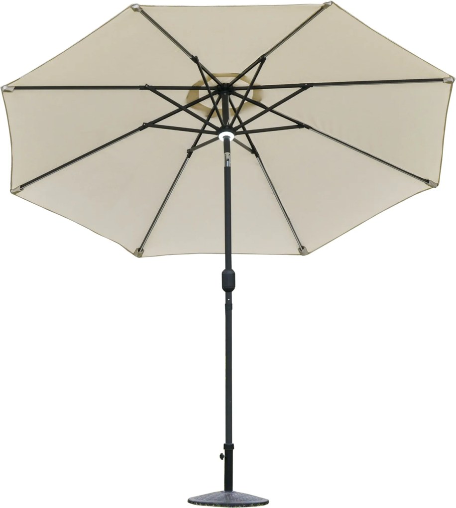 Záhradný slnečník Outsunny Φ270 x 245cm s kľukou a náklonom, LED svetlami a solárnym panelom, krémovo biela | Aosom