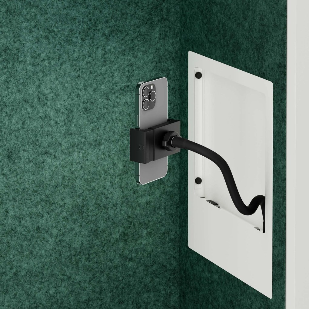 Kancelárska akustická kabína so sedadlom a portom USB-C, telo v Biely farbe / sedadlo v zelenej farbe, 600 mm: SALLY MentalBox