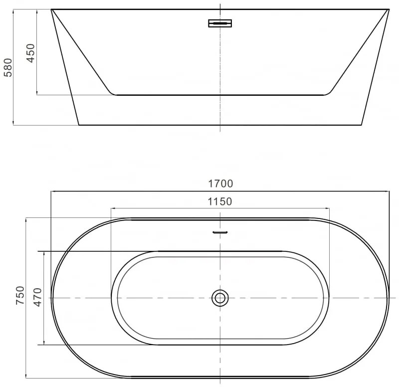 Mexen Luna, Slim voľne stojaca vaňa 170 x 75 cm, biela, prepad brúsený grafit, 52041707500-66