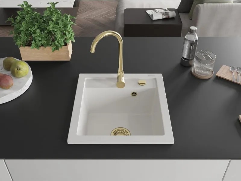 Mexen Vito granitový drez 1-komorový 520 x 490 mm, biely, zlatý sifón - 6503521000-20-G