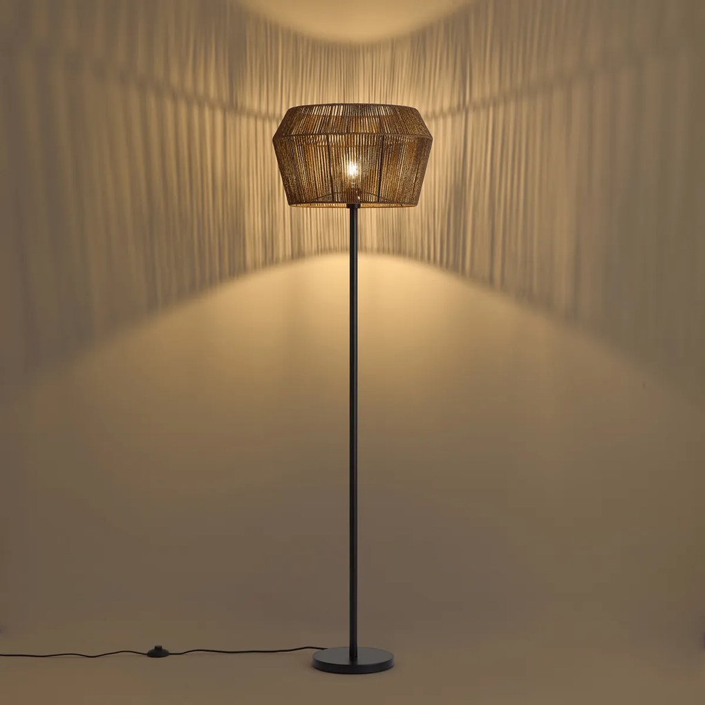 Stojaca lampa čierna s hnedým tienidlom z papierového lana 50/50/30 - Simplo