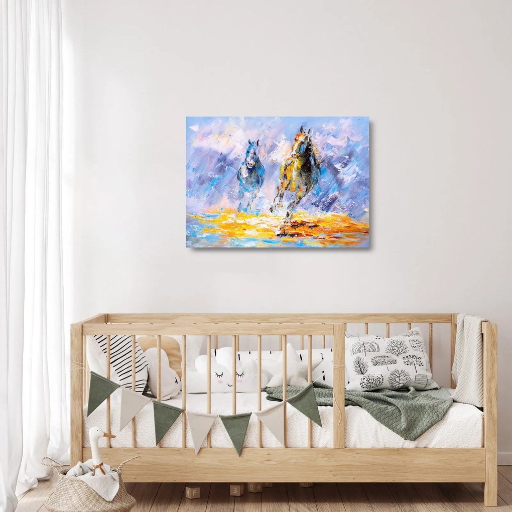 Sklenený obraz bežiacich koňov, olejomaľba (70x50 cm)