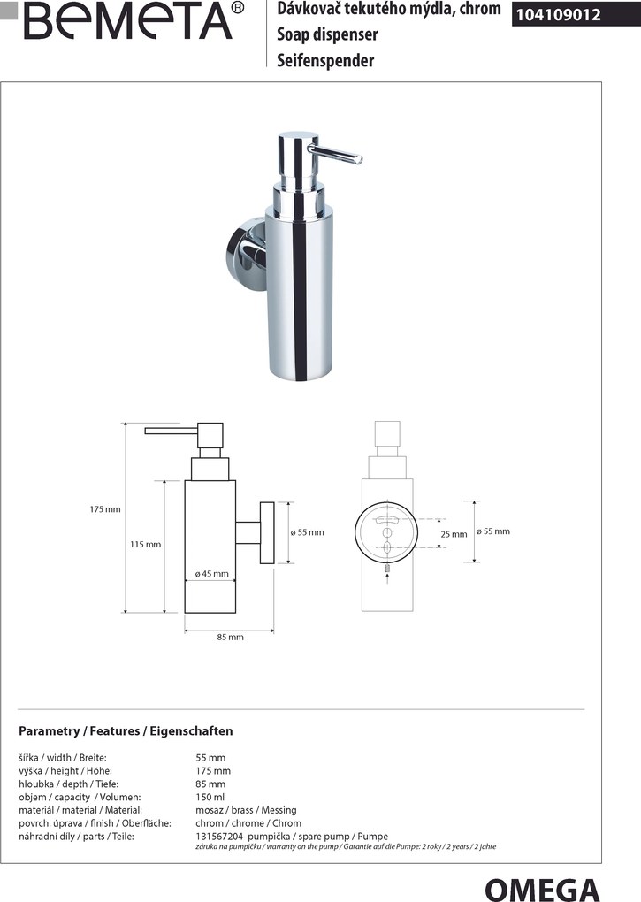 Bemeta Design OMEGA: Dávkovač mydla, 150 ml - 104109012