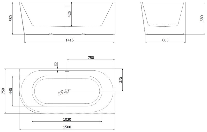 Mexen Silo, rohová voľne stojaca ryhovaná vaňa, pravá, 150 x 75 cm, biela-šedá, grafitový prepad, 52891507562P-95