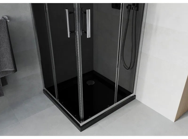 Mexen Rio, štvorcový sprchovací kút s posuvnými dverami 90 x 90 cm, 6mm šedé sklo, chrómový profil + čierna sprchová vanička, 860-090-090-01-40-4070