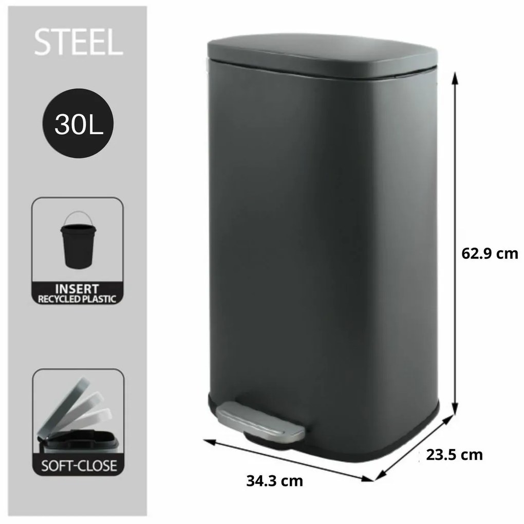 Spirella Akira 30 l odpadkový kôš s pedálom atichým zatváraním, matná sivá farba, 30 l