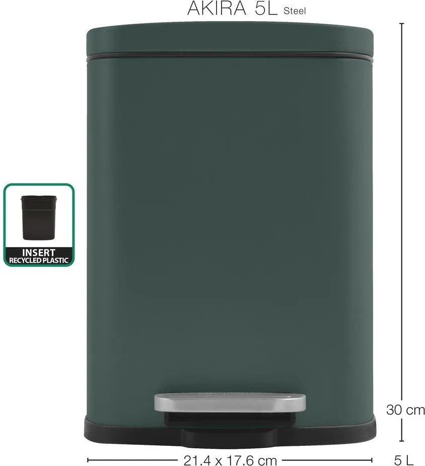 Tmavozelený nášľapný oceľový odpadkový kôš 5 l Akira – Spirella