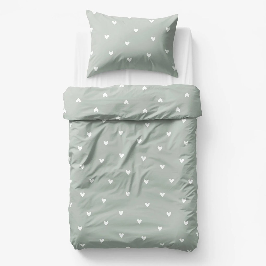 Goldea detské bavlnené obliečky - srdiečka na šalviovo zelenom 150 x 200 a 50 x 60 cm