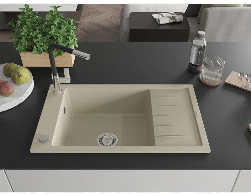 Mexen Elias, 1-komorový granitový drez 795x480x200 mm a drezová batéria Flora, béžová, 6511-69-670401-07