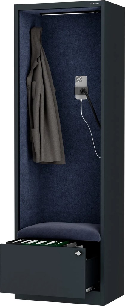 Kancelárska akustická kabína so sedadlom a portom USB-C, telo v antracitovej farbe / sedadlo v tmavomodrá farbe, 600 mm: SALLY MentalBox