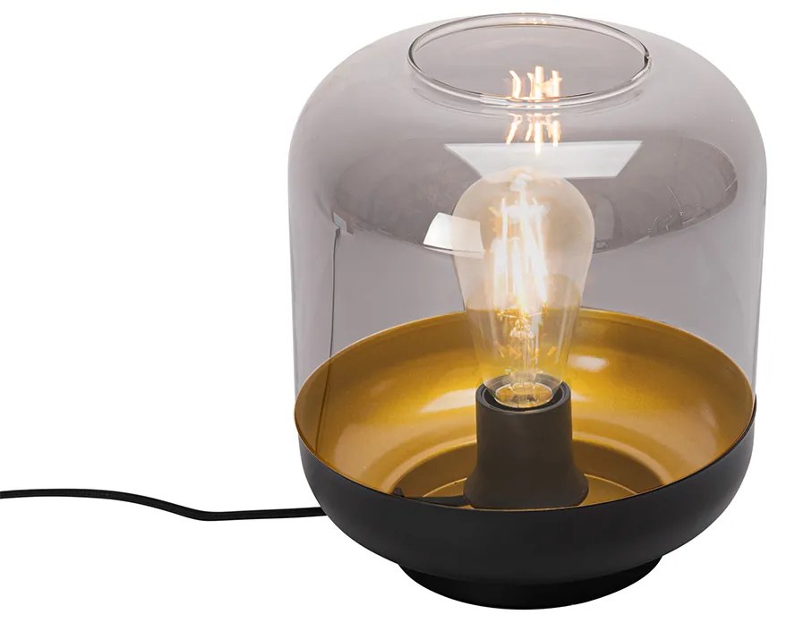 Dizajnová stolná lampa čierna so zlatom a dymovým sklom - Kyan