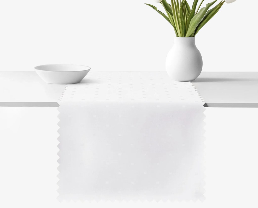 Goldea sviatočný behúň na stôl teflónový - biely s lesklými obdĺžnikmi 35x120 cm