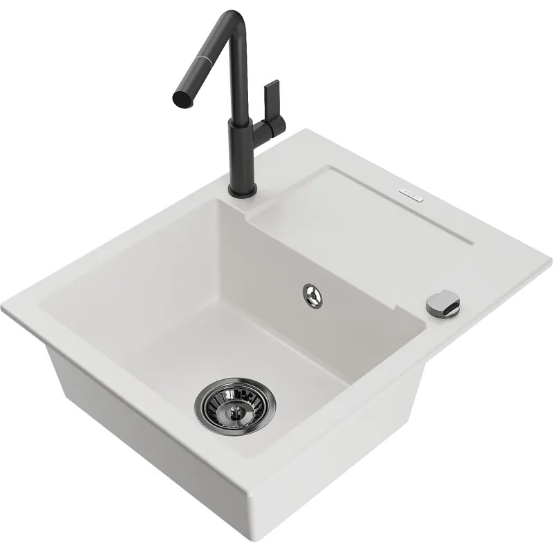 Mexen Enzo, 1-komorový granitový drez 576x465x174 mm a drezová batéria Flora, biela, 6506-20-670401-70-B