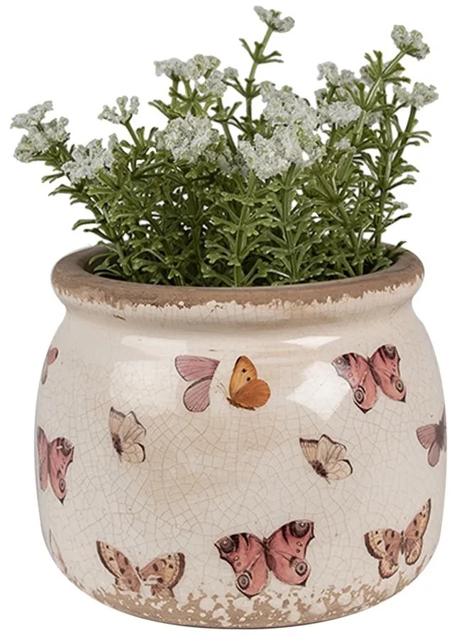 Béžový antik obal na kvetináč s motýlikmi Butterfly Paradise S - Ø 12*10 cm