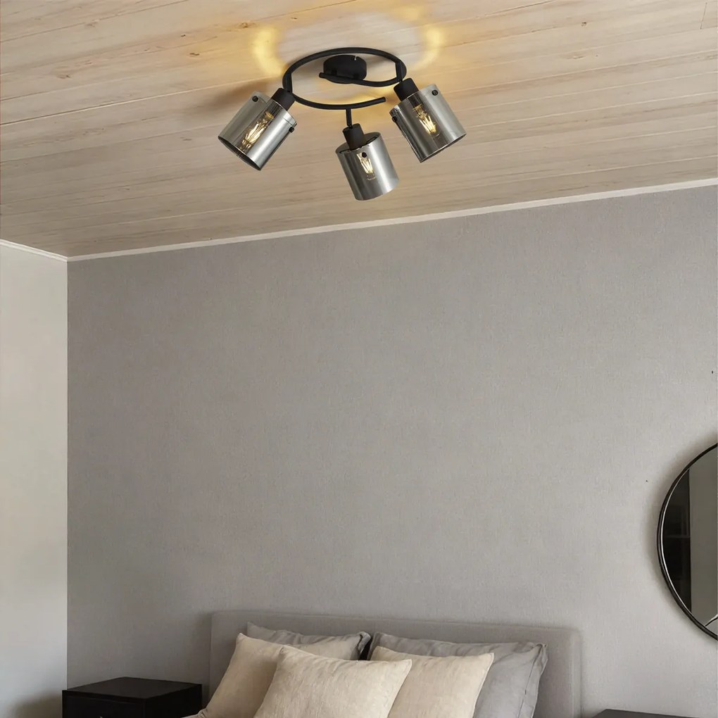 Dizajnový stropný reflektor čierny s dymovým sklom okrúhly s 3 svetlami - Domo