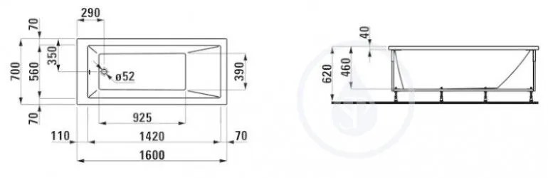 LAUFEN Pro Vaňa s konštrukciou a čelným panelom ľavým, 1600 mm x 700 mm, biela H2339550000001