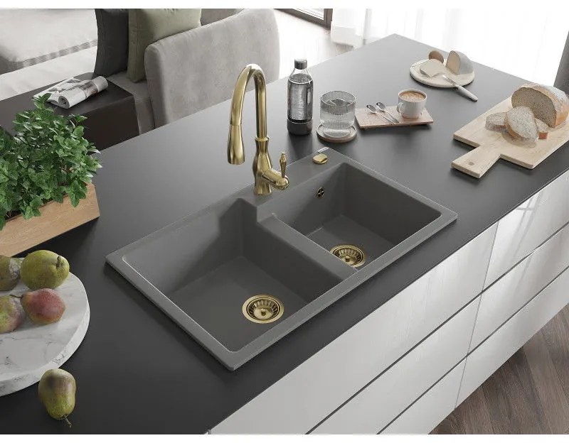 Mexen Tomas, granitový drez 800x500x190 mm, 2-komorový a drezová batéria Savita, šedá, 6516-71-672601-50