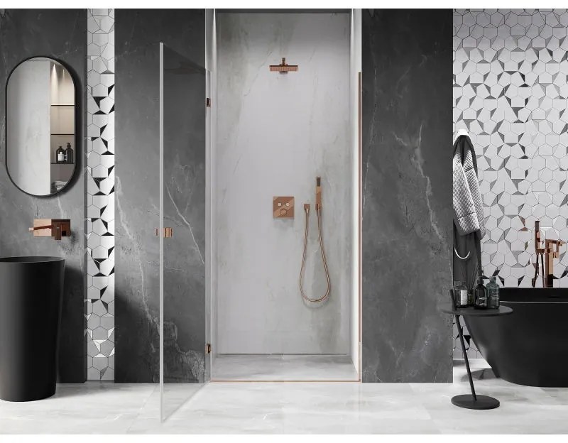 Mexen Lunar-B, výklopné sprchové dvere ľavé 85 cm, 8mm číre sklo, ružové zlato profil, 832-085-000-60-00-L