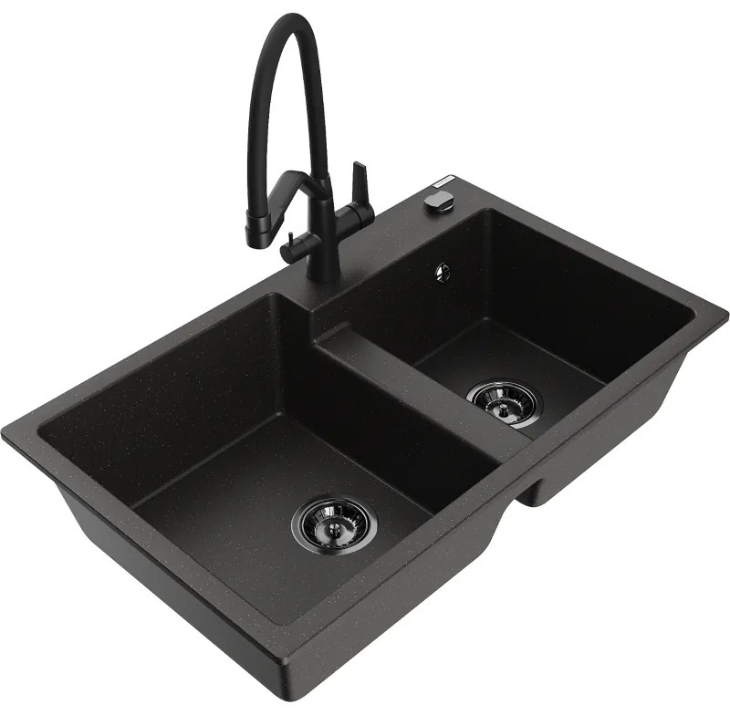 Mexen Tomas, 2-komorový granitový drez 800x500x190 mm a kuchynská batéria Duo, čierna-zlatá metalíza, 6516-75-671701-70-B