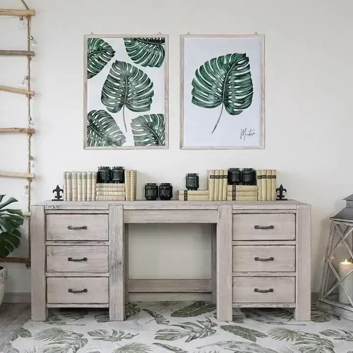 Vidiecky patinovaný drevený písací stôl so 6 zásuvkami, 175x48x73 cm