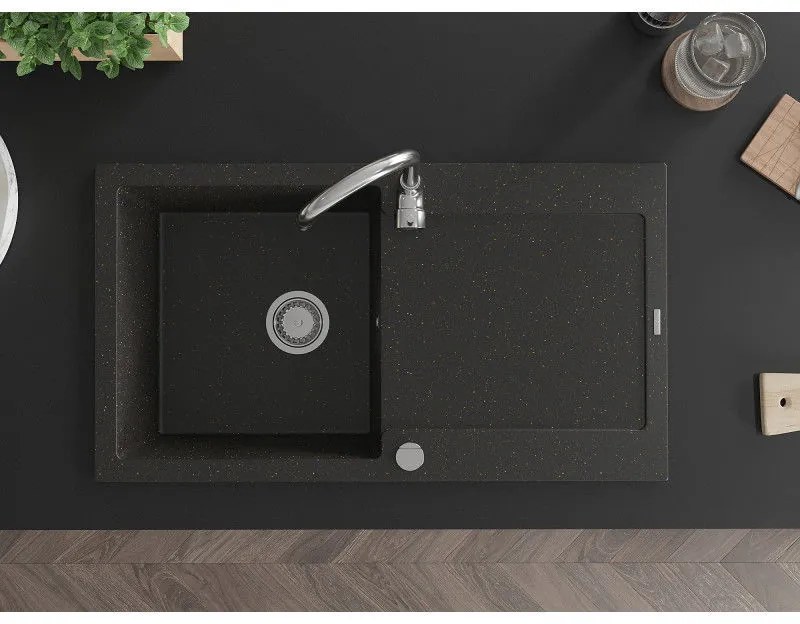 Mexen Leo, drez granitový 900x500x190 mm, 1-komorový a chrómová batéria Telma, čierna-zlatá metalíza, 6501-75-670200-00