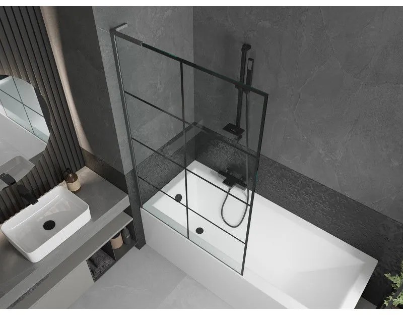 Mexen Next L, 1-krídlová vaňová zástena 100 x 150 cm, 6mm číre sklo-čierny vzor, grafitový profil, 895-100-000-03-77-66