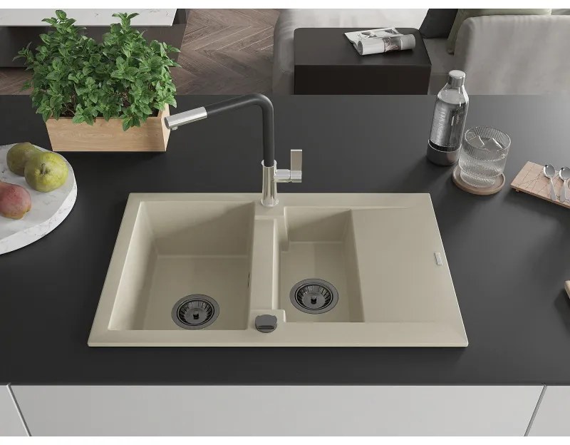 Mexen Gaspar, 1,5-komorový granitový drez 737x475x177 mm a drezová batéria Flora, béžová, 6507-69-670401-07-B