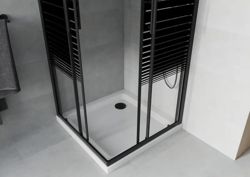 Mexen Rio, štvorcový sprchovací kút s posuvnými dverami 70(dvere) x 70(dvere) x 190 cm, 6mm číre sklo s pásikmi, čierny profil + biela sprchová vanička SLIM, 860-070-070-70-20-4010B