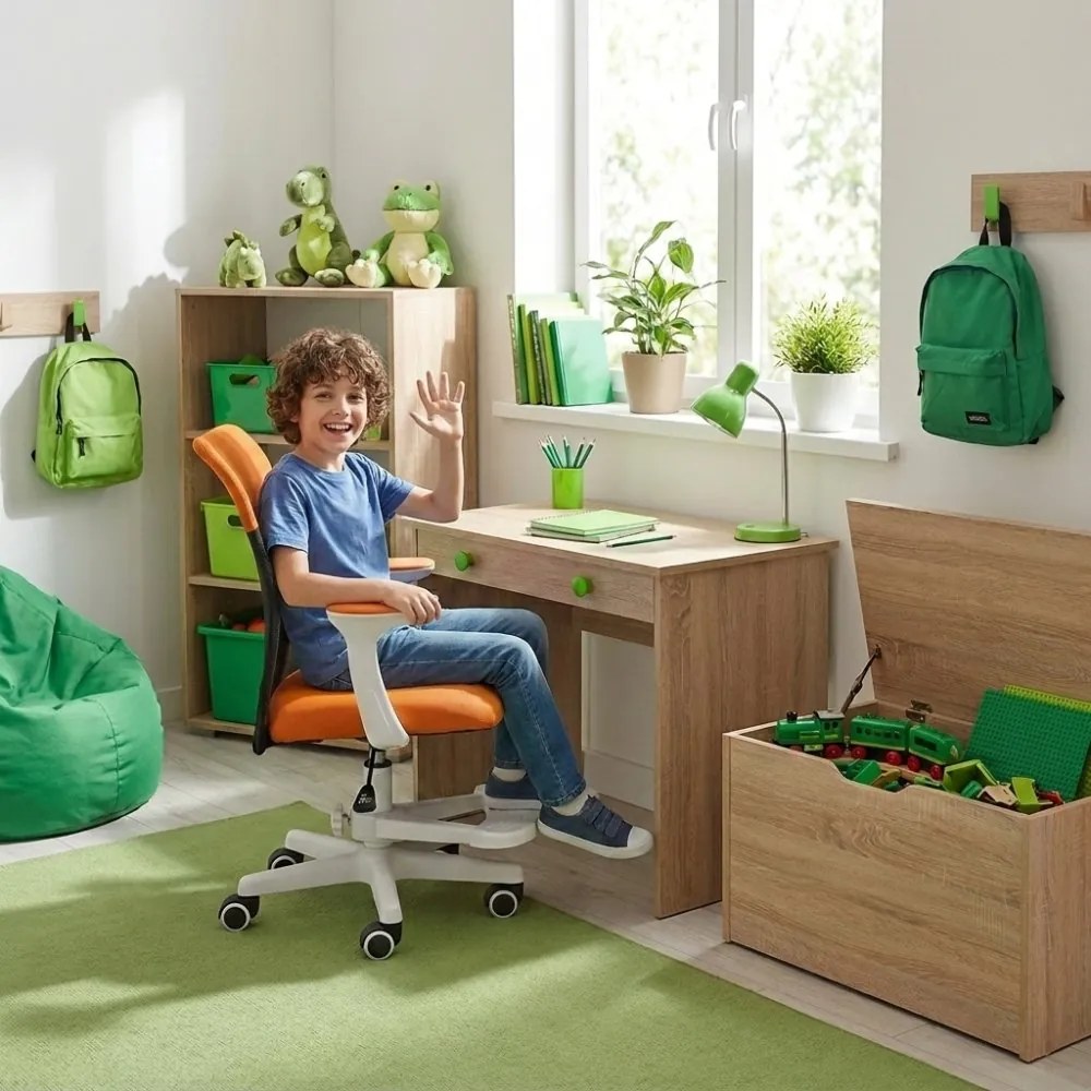 Detská stolička Neoseat MONKEY WHITE s podnožou — látka, biela / oranžová