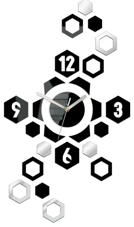 3D nalepovacie hodiny Hexagon čierno-zrkadlové