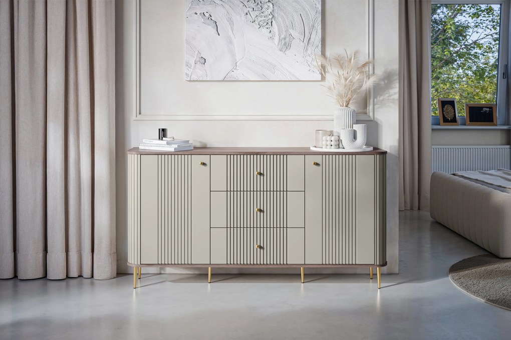 Komoda Vesper 160 cm so zásuvkami na nožičkách - kašmír / orech / zlaté nohy