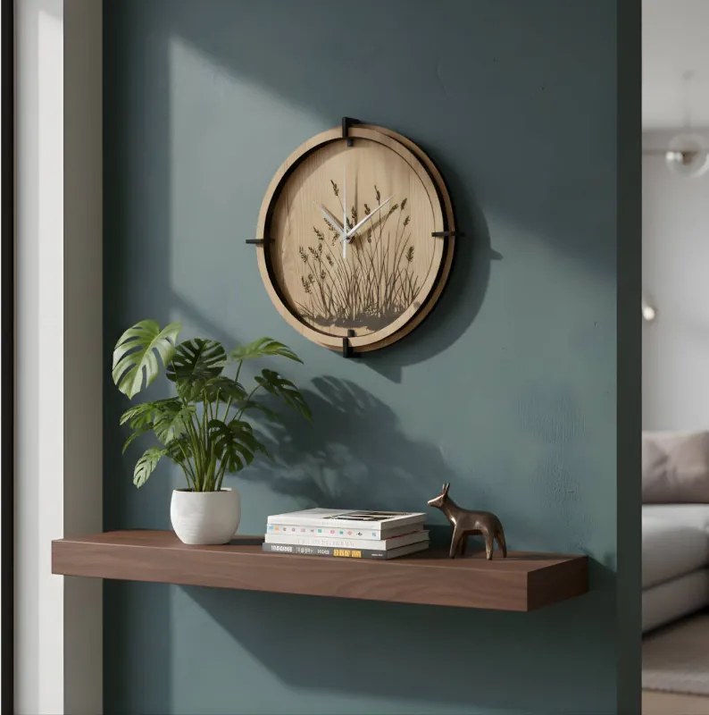 Drevené nástenné hodiny – motív lúčnych tráv | Tichý chod | SENTOP HDF0587-DUB-HALIFAX